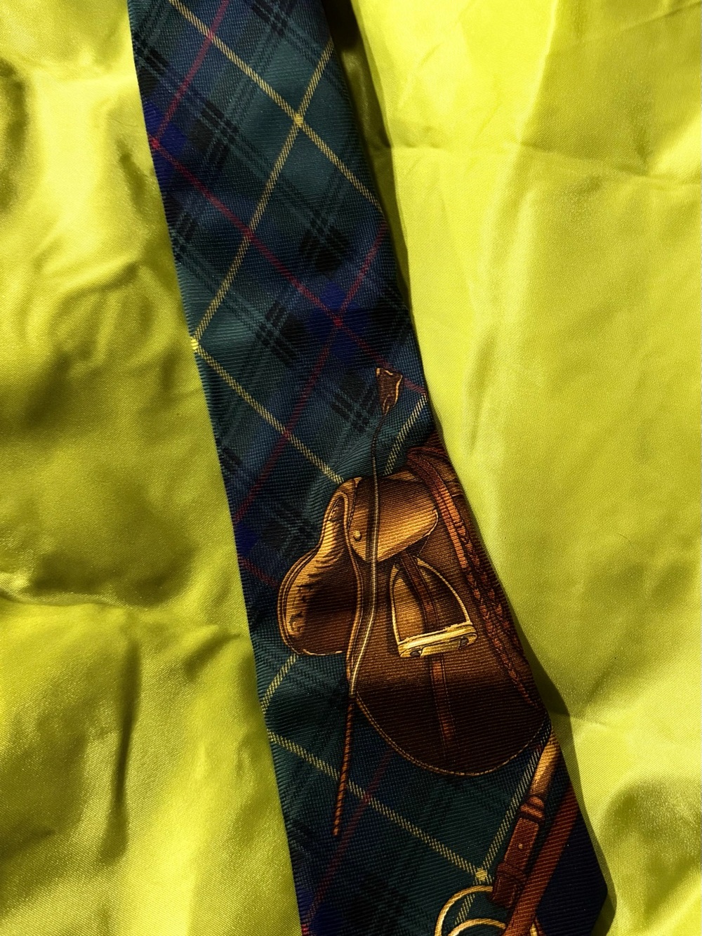Polo by Ralph Lauren Navy Green Plaid Tie with Brown Saddle Motif